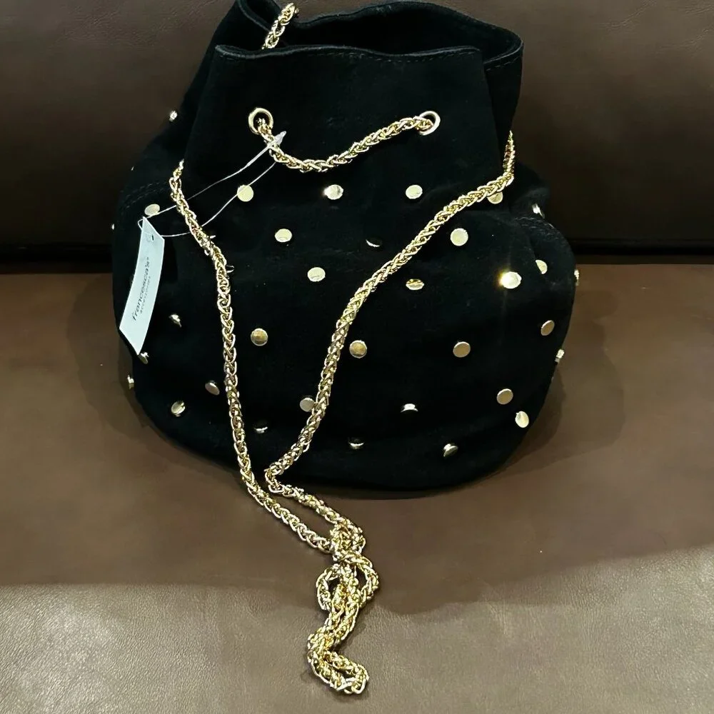 NWT Francesca's Cross Body Faux Suede Nailhead Bucket Satchel Bag Black Gold - Picture 6 of 8